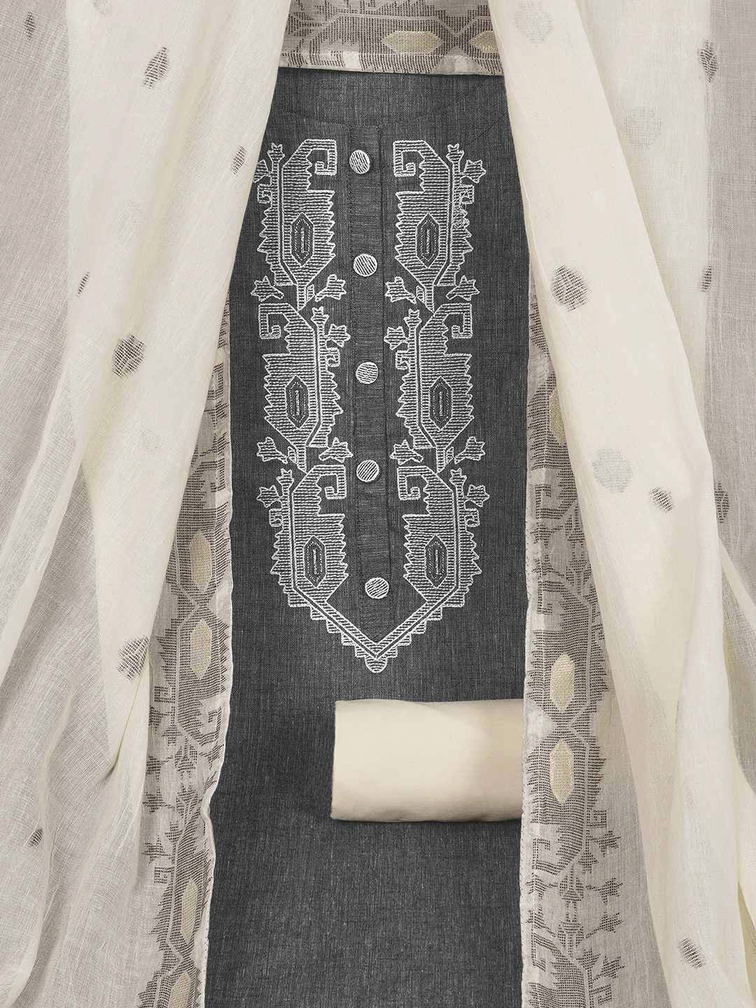 3-piece unstitched set features a black embroidered top paired with a soft cream dupatta showcasing subtle woven motifs.