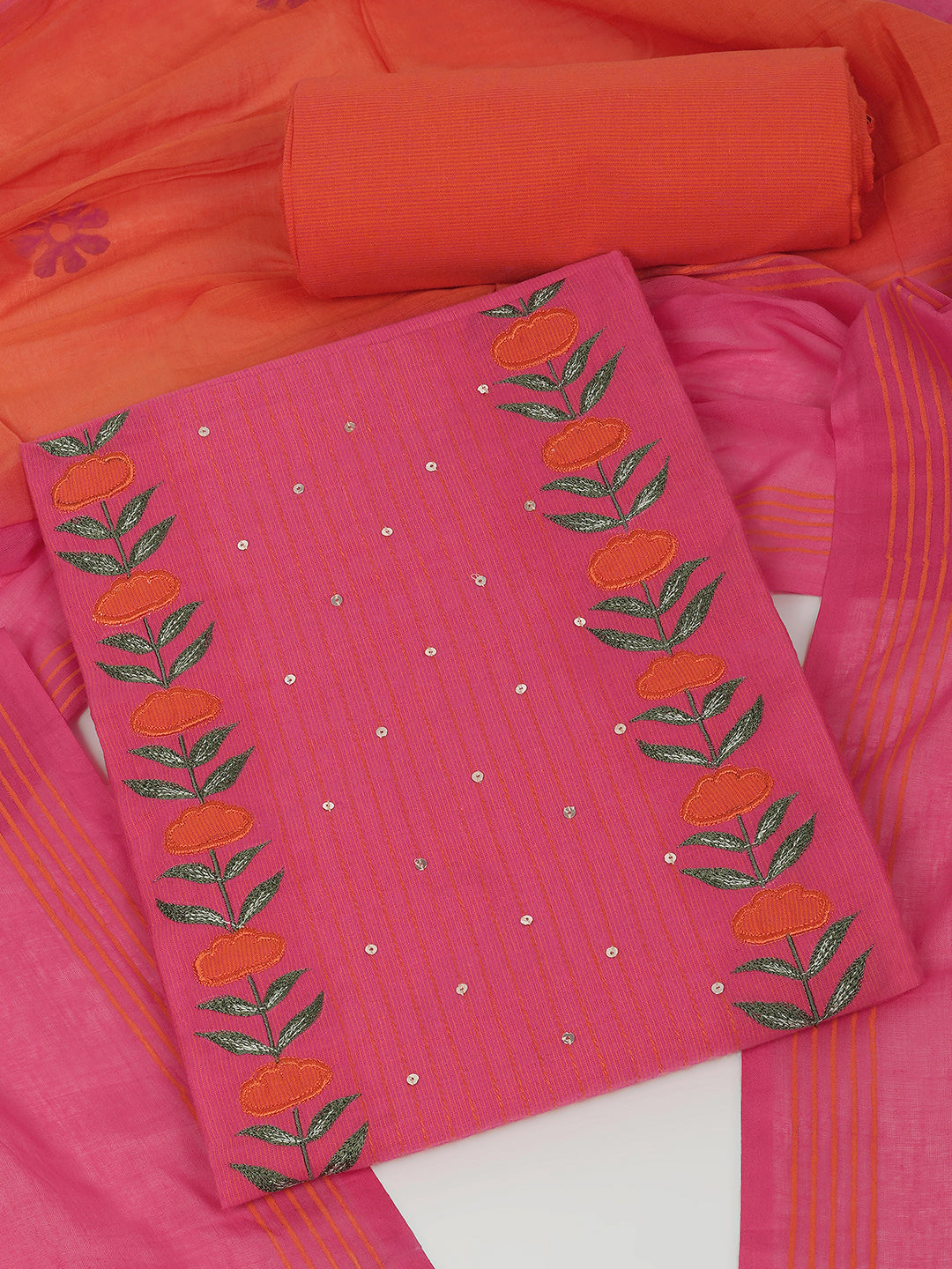 3-piece suit set with a floral applique yoke, paired with contrasting bottoms and block-printed dupatta.