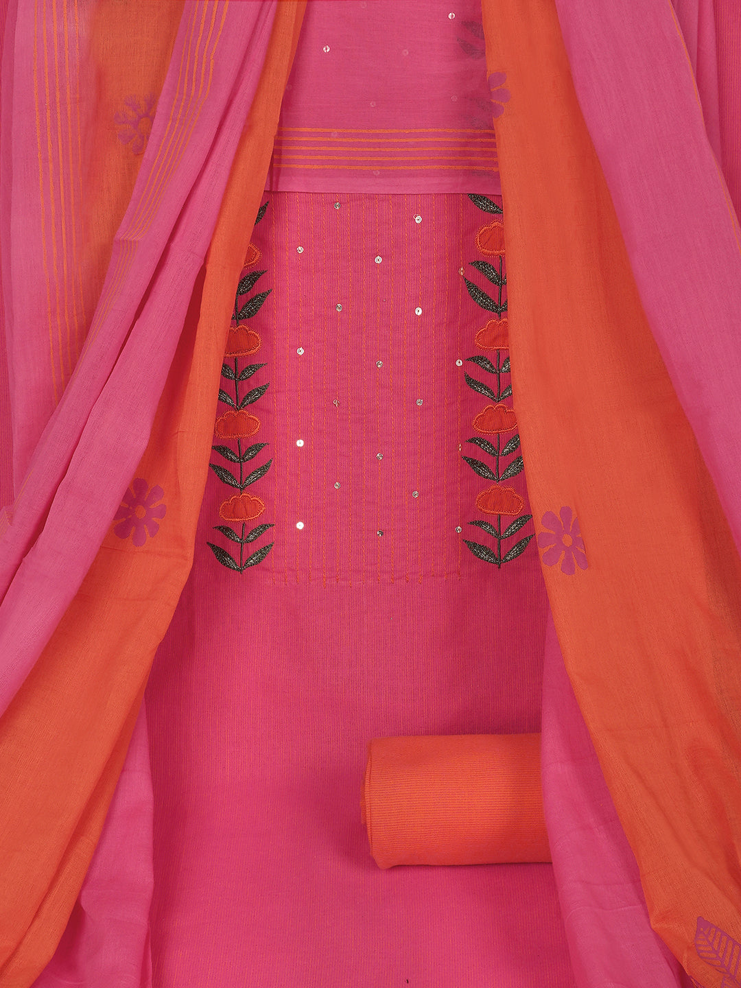 3-piece suit set with a floral applique yoke, paired with contrasting bottoms and block-printed dupatta.