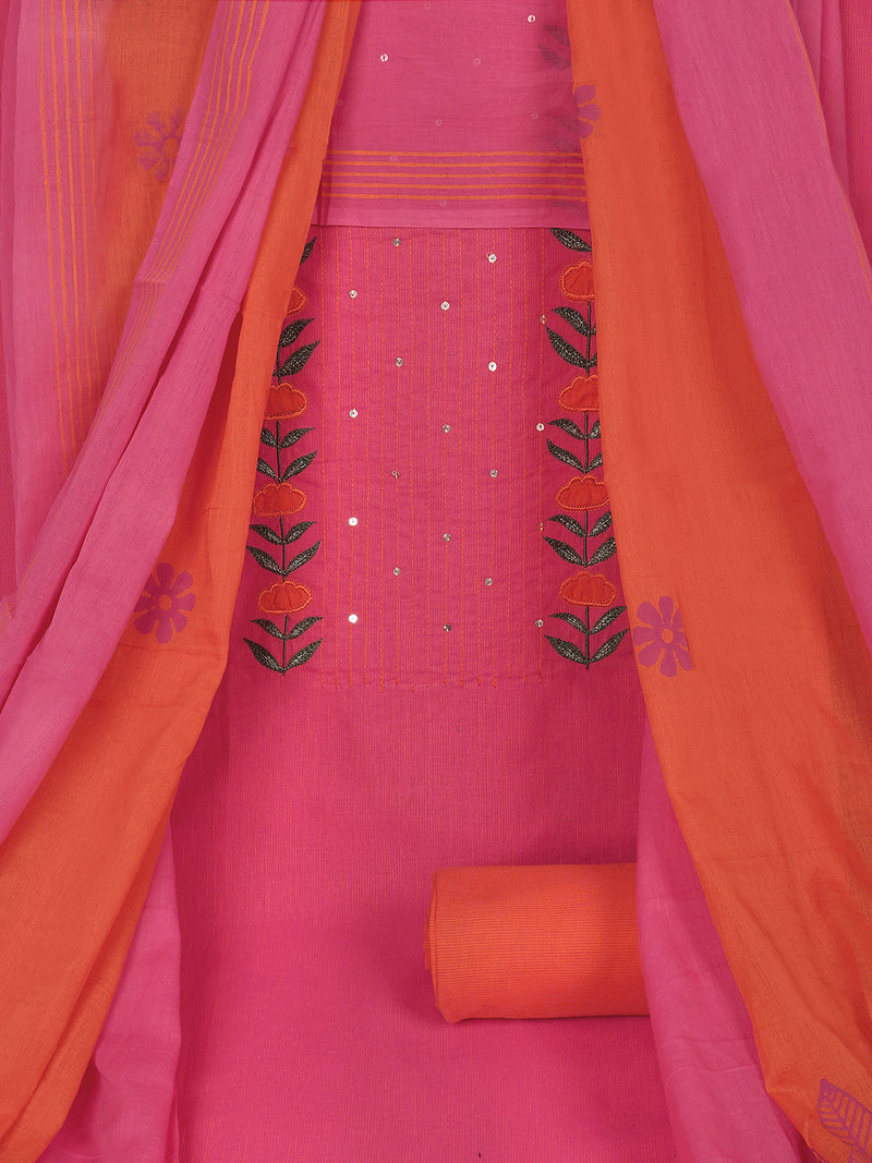 3-piece suit set with a floral applique yoke, paired with contrasting bottoms and block-printed dupatta.