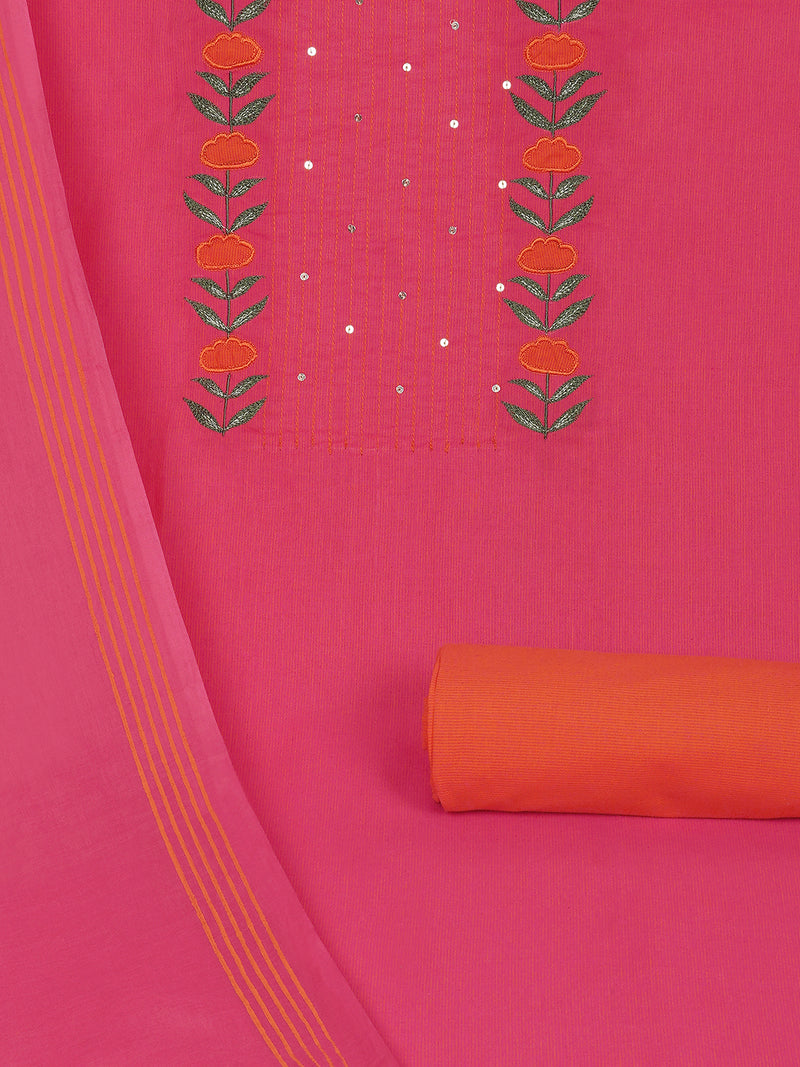 3-piece suit set with a floral applique yoke, paired with contrasting bottoms and block-printed dupatta.