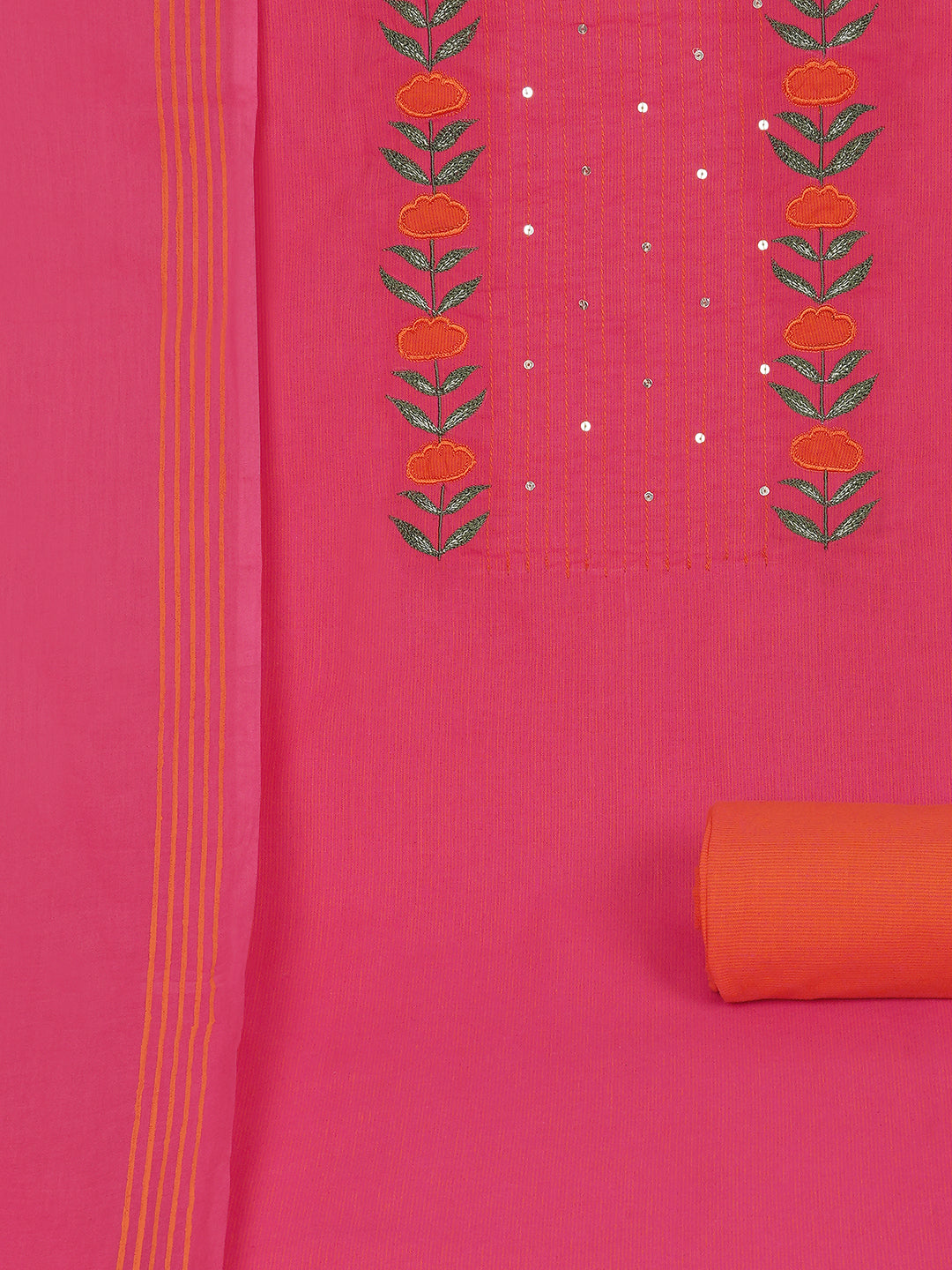 3-piece suit set with a floral applique yoke, paired with contrasting bottoms and block-printed dupatta.