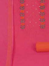 3-piece suit set with a floral applique yoke, paired with contrasting bottoms and block-printed dupatta.
