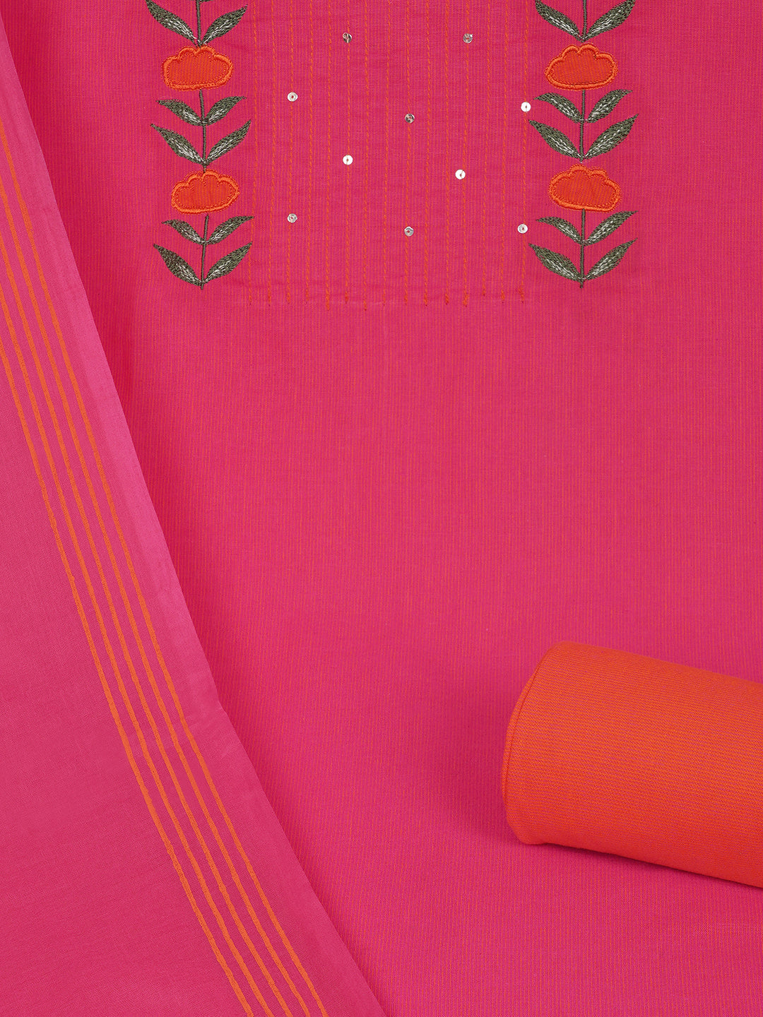 3-piece suit set with a floral applique yoke, paired with contrasting bottoms and block-printed dupatta.