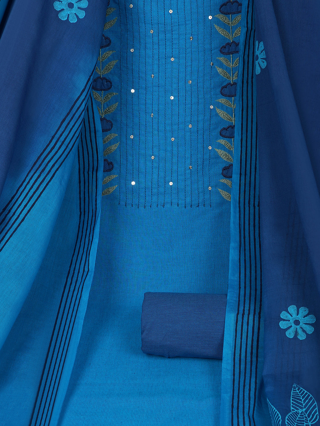 3-piece suit set with a floral applique yoke, paired with contrasting bottoms and block-printed dupatta.