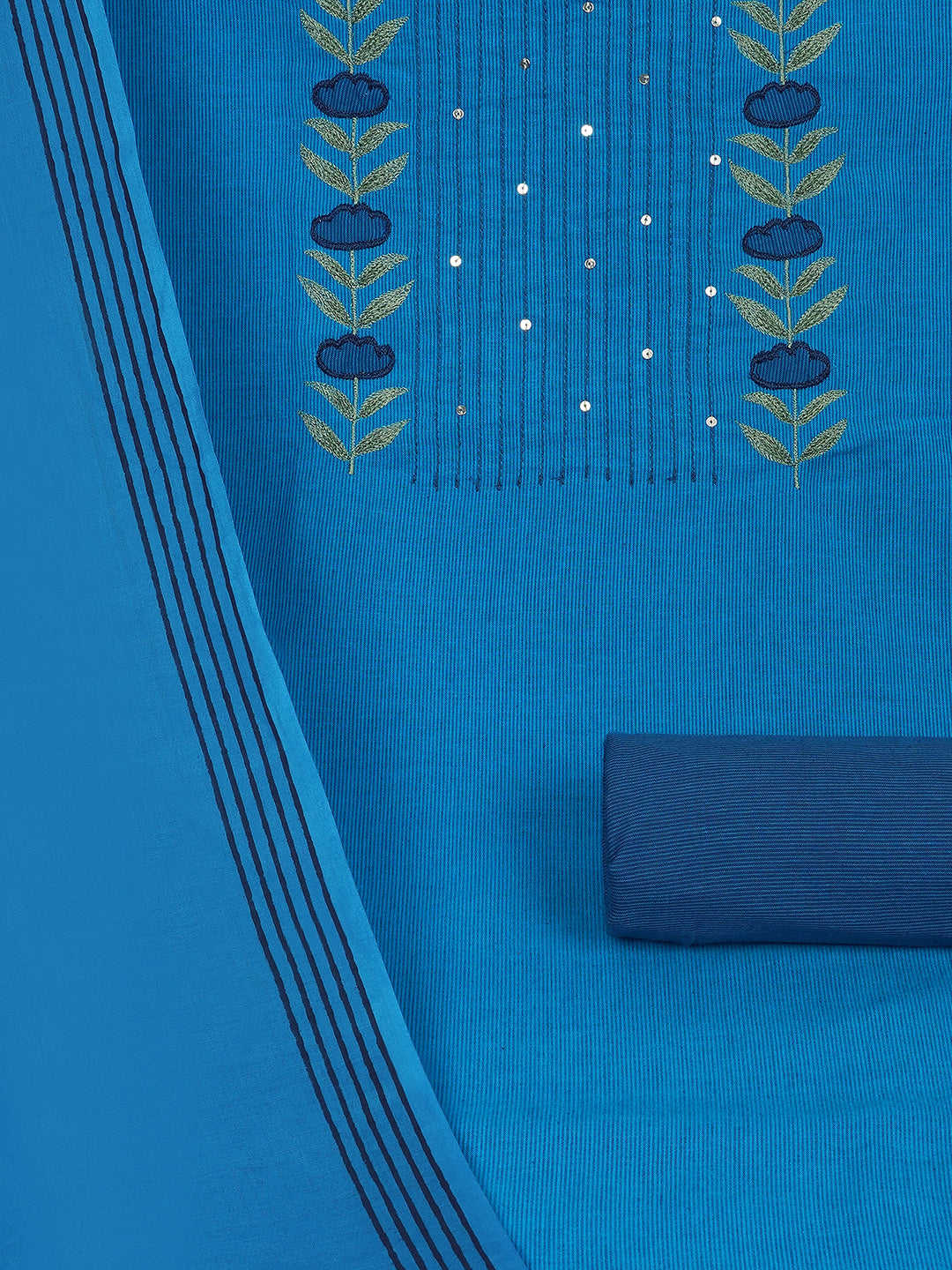 3-piece suit set with a floral applique yoke, paired with contrasting bottoms and block-printed dupatta.