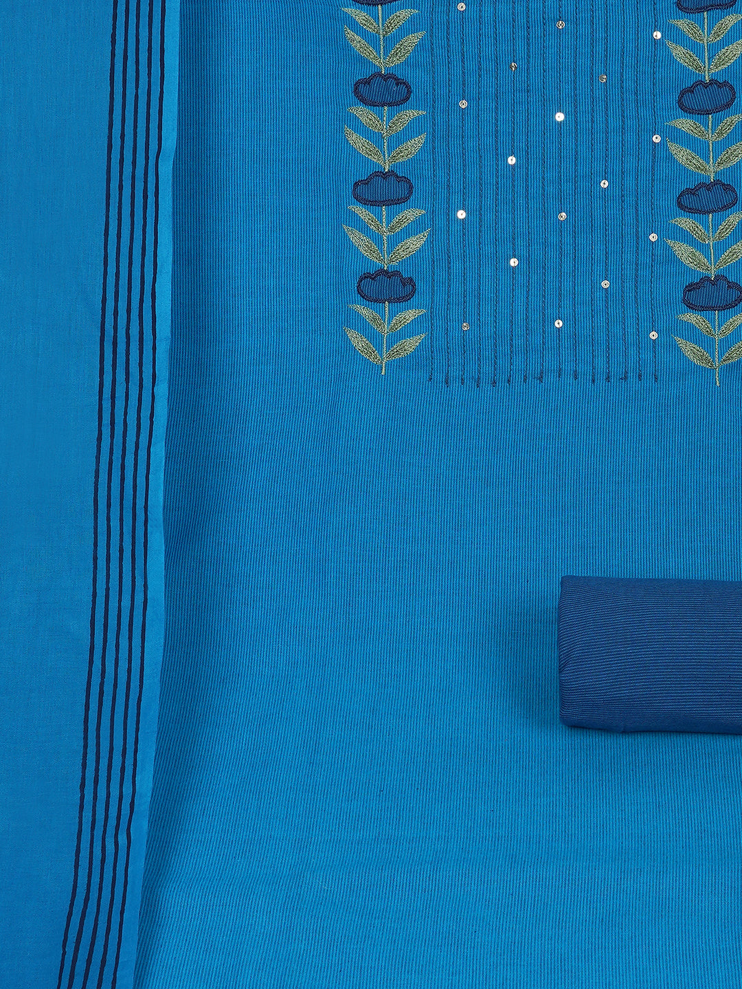 3-piece suit set with a floral applique yoke, paired with contrasting bottoms and block-printed dupatta.