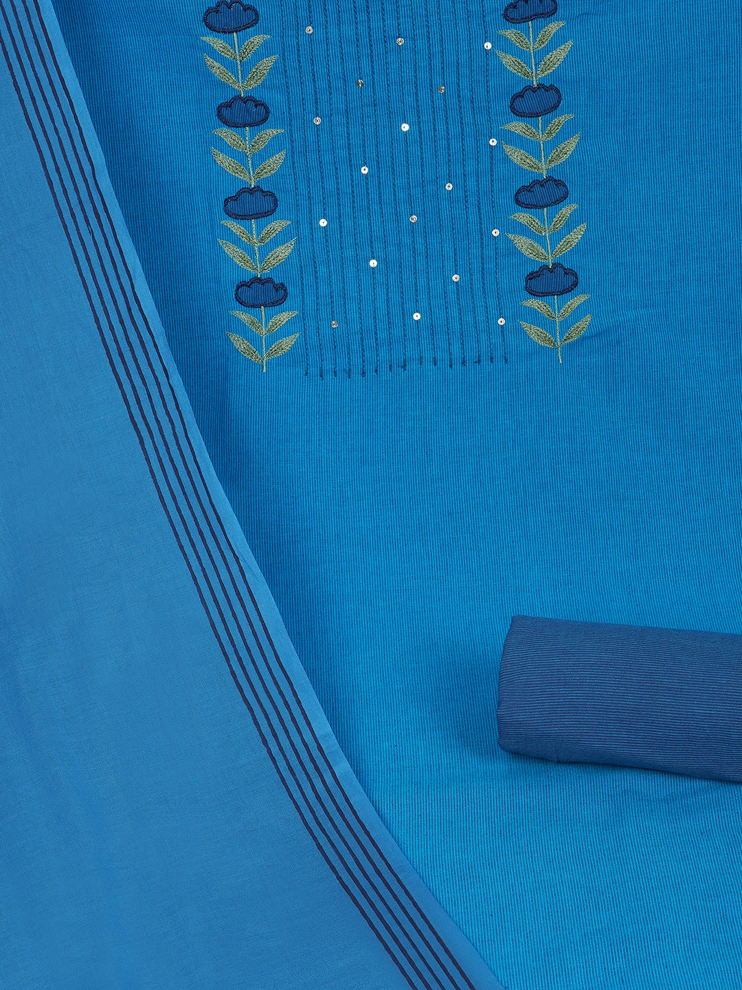 3-piece suit set with a floral applique yoke, paired with contrasting bottoms and block-printed dupatta.