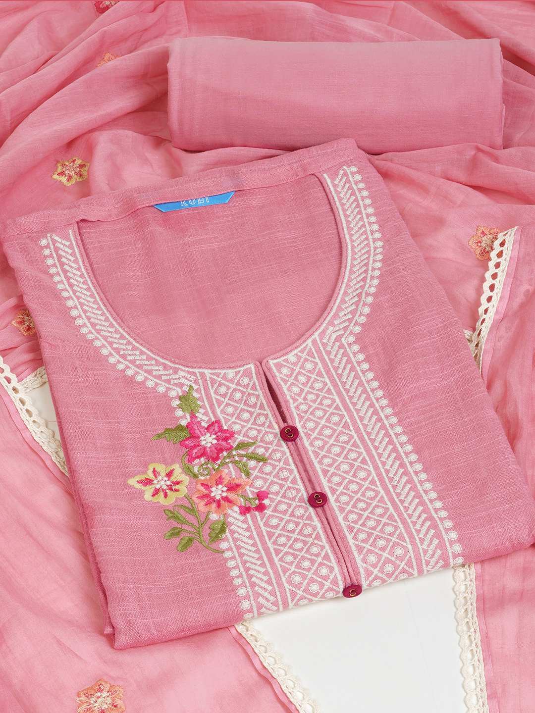 3-piece solid suit set featuring delicate embroidery , paired with a solid bottom and a printed dupatta.(Pink)