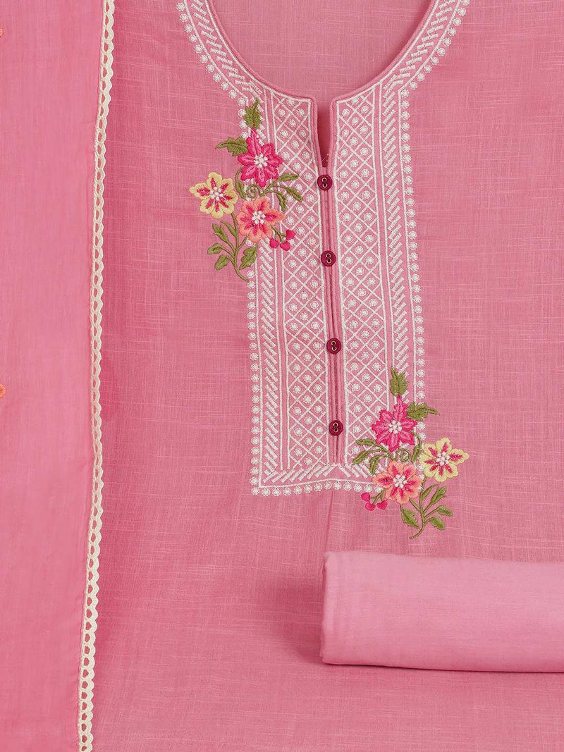 3-piece solid suit set featuring delicate embroidery , paired with a solid bottom and a printed dupatta.(Pink)