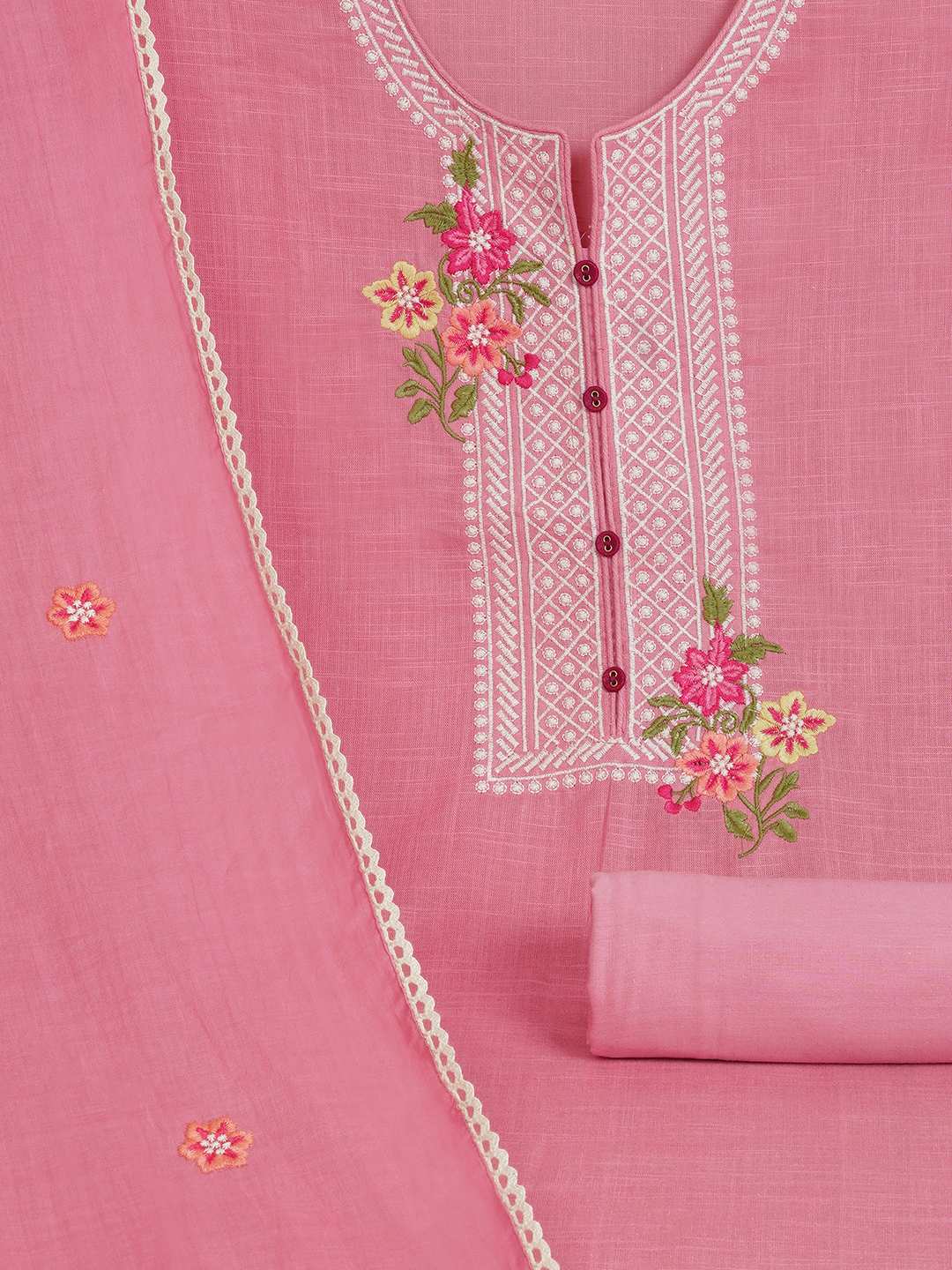 3-piece solid suit set featuring delicate embroidery , paired with a solid bottom and a printed dupatta.(Pink)