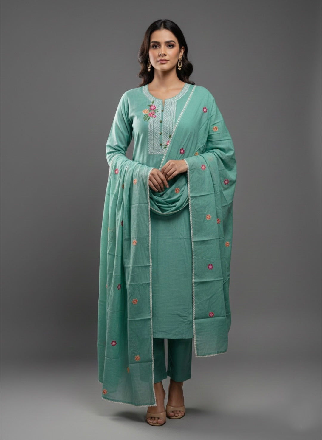 3-piece solid suit set featuring delicate embroidery , paired with a solid bottom and a printed dupatta.(Blue)