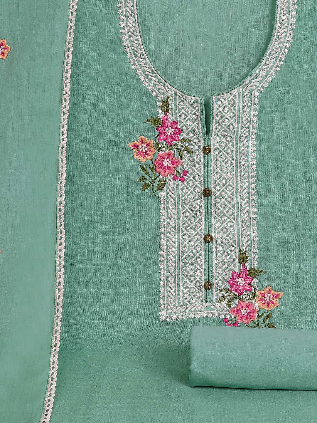 3-piece solid suit set featuring delicate embroidery , paired with a solid bottom and a printed dupatta.(Blue)