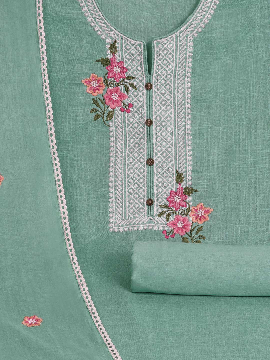 3-piece solid suit set featuring delicate embroidery , paired with a solid bottom and a printed dupatta.(Blue)