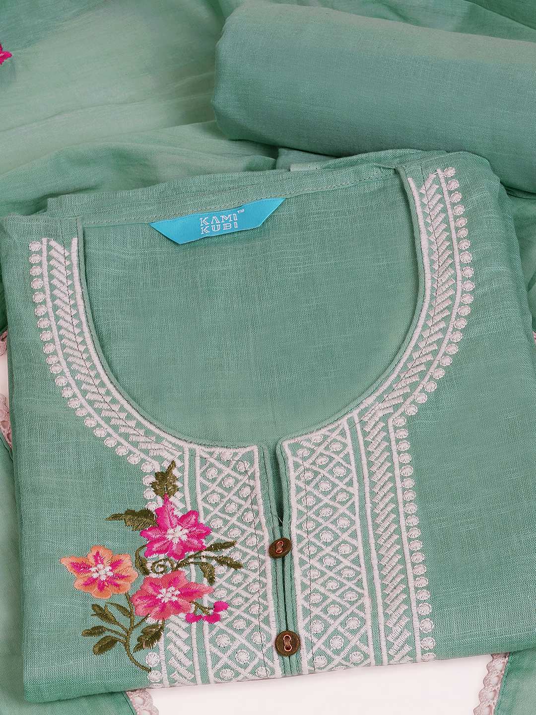 3-piece solid suit set featuring delicate embroidery , paired with a solid bottom and a printed dupatta.(Blue)