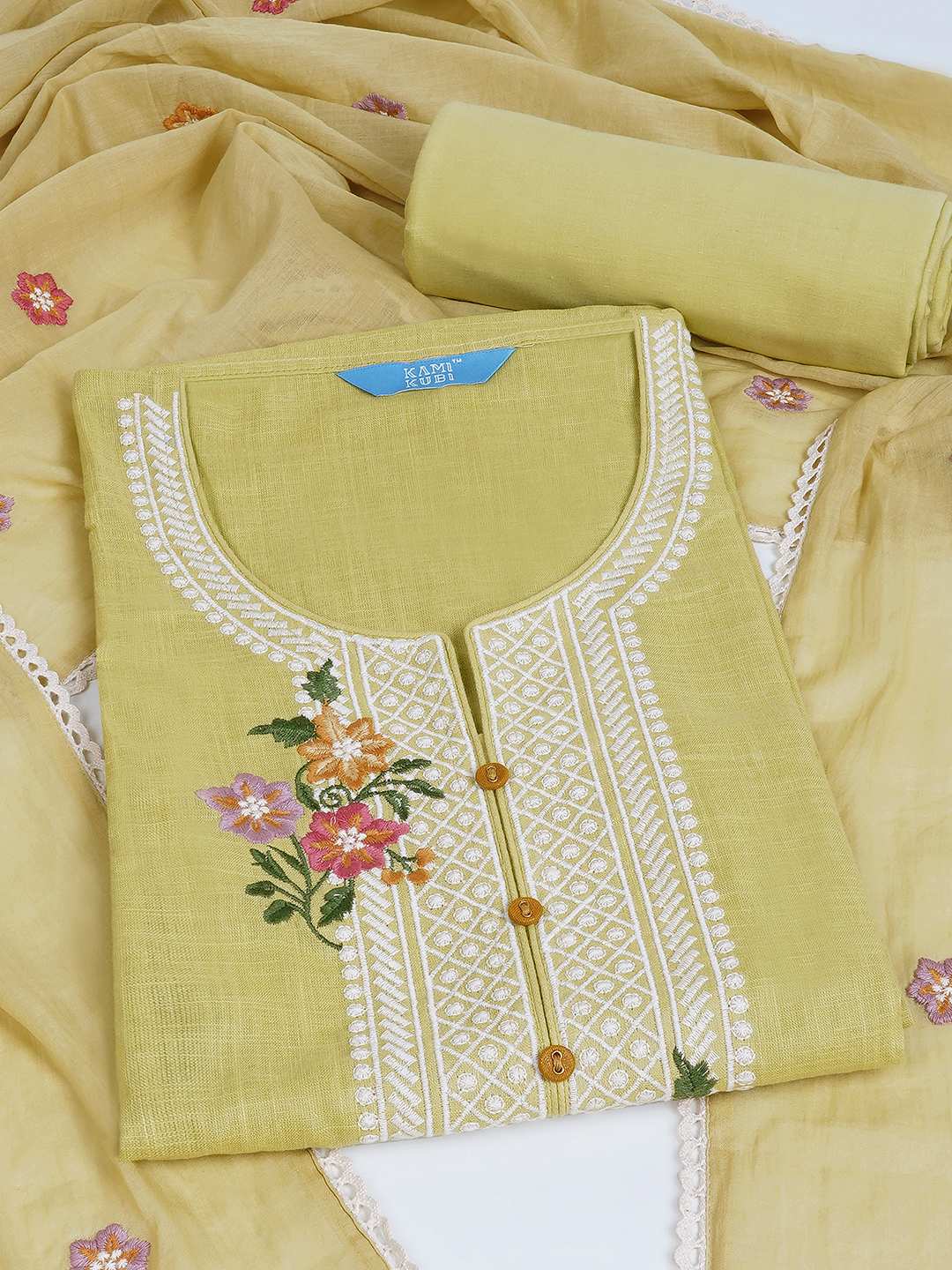 3-piece solid suit set featuring delicate embroidery , paired with a solid bottom and a printed dupatta.(Yellow)