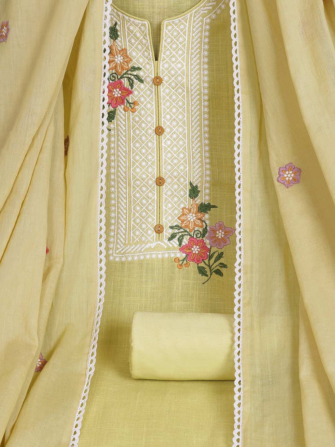 3-piece solid suit set featuring delicate embroidery , paired with a solid bottom and a printed dupatta.(Yellow)