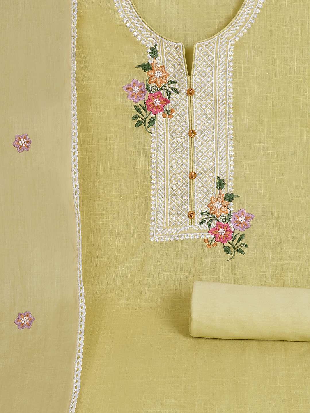 3-piece solid suit set featuring delicate embroidery , paired with a solid bottom and a printed dupatta.(Yellow)