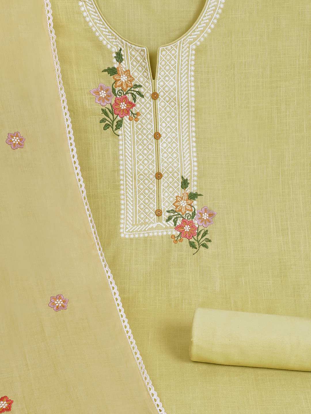 3-piece solid suit set featuring delicate embroidery , paired with a solid bottom and a printed dupatta.(Yellow)
