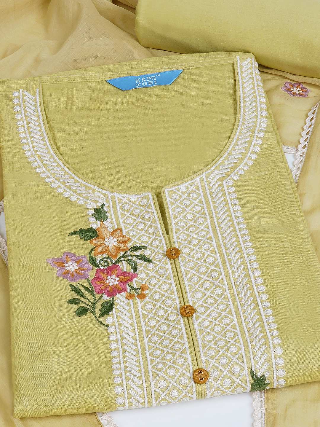 3-piece solid suit set featuring delicate embroidery , paired with a solid bottom and a printed dupatta.(Yellow)