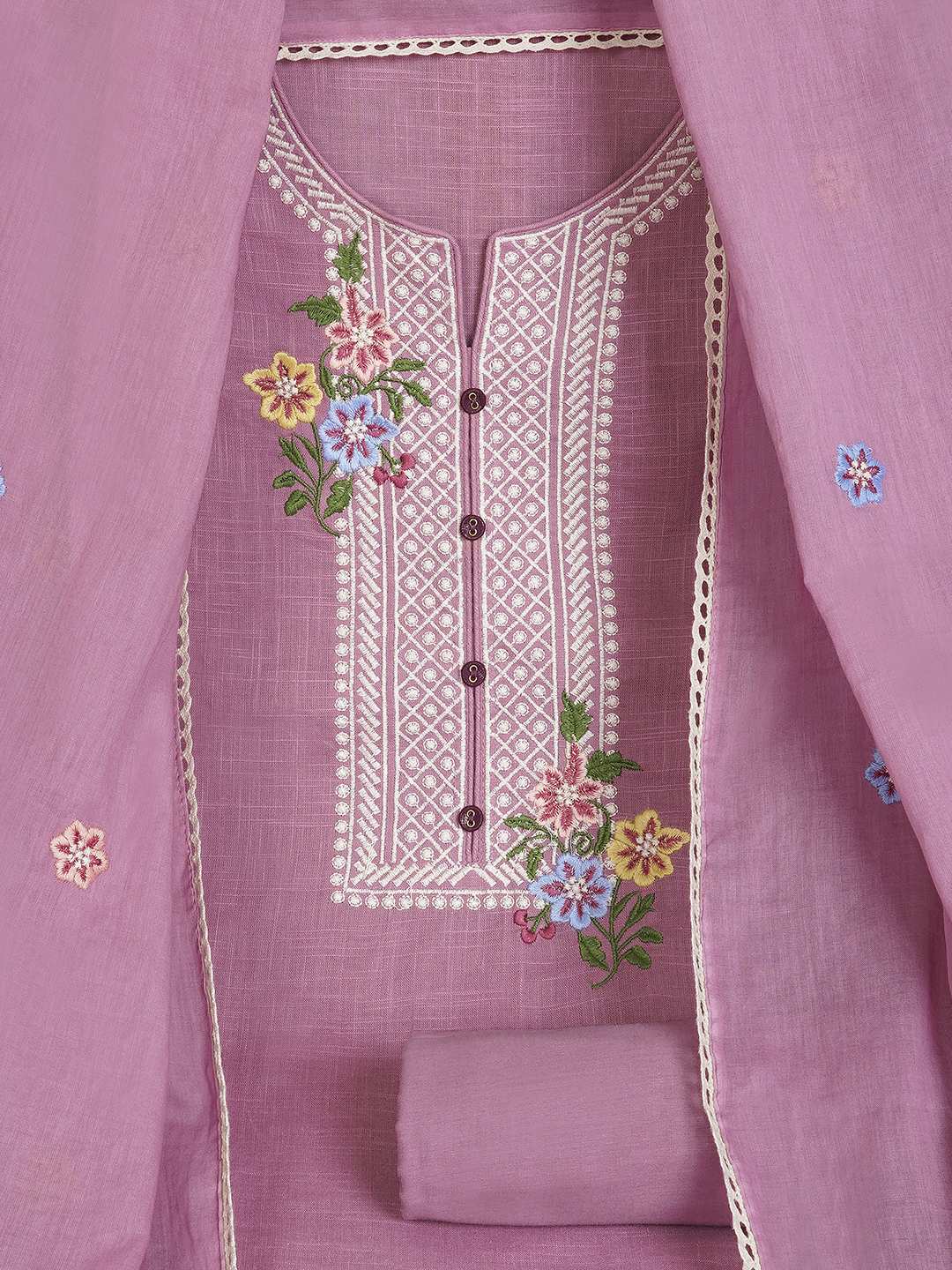 3-piece solid suit set featuring delicate embroidery , paired with a solid bottom and a printed dupatta.(Purple)