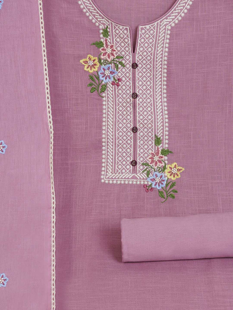 3-piece solid suit set featuring delicate embroidery , paired with a solid bottom and a printed dupatta.(Purple)