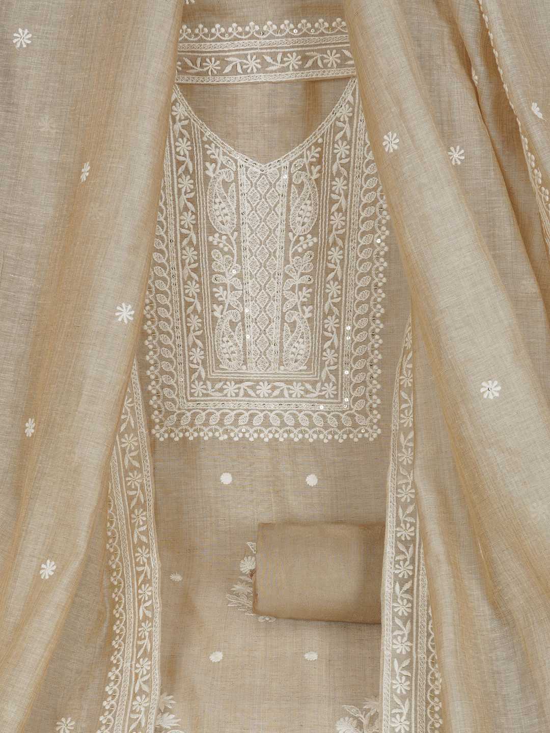 Unstitched Tussar Silk Suit Set with White Thread Panel Work & Embroidered Dupatta.