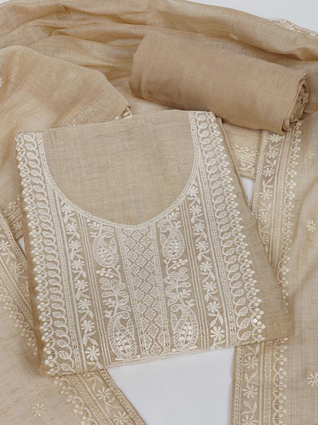 Unstitched Tussar Silk Suit Set with White Thread Panel Work & Embroidered Dupatta.