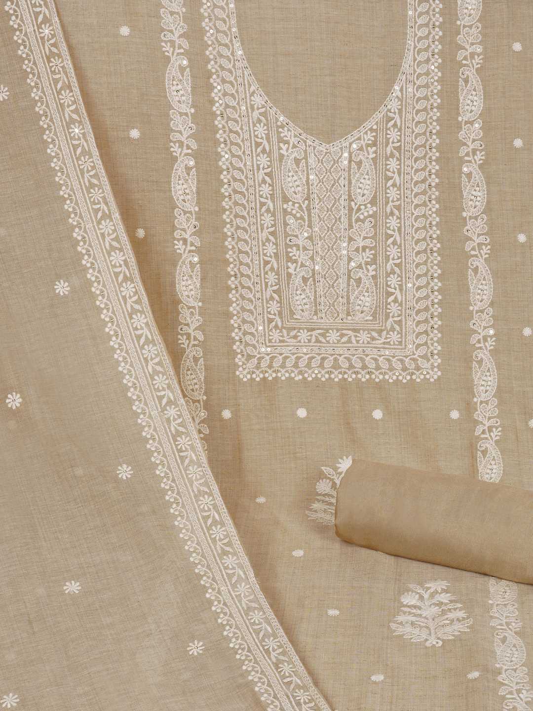 Unstitched Tussar Silk Suit Set with White Thread Panel Work & Embroidered Dupatta.