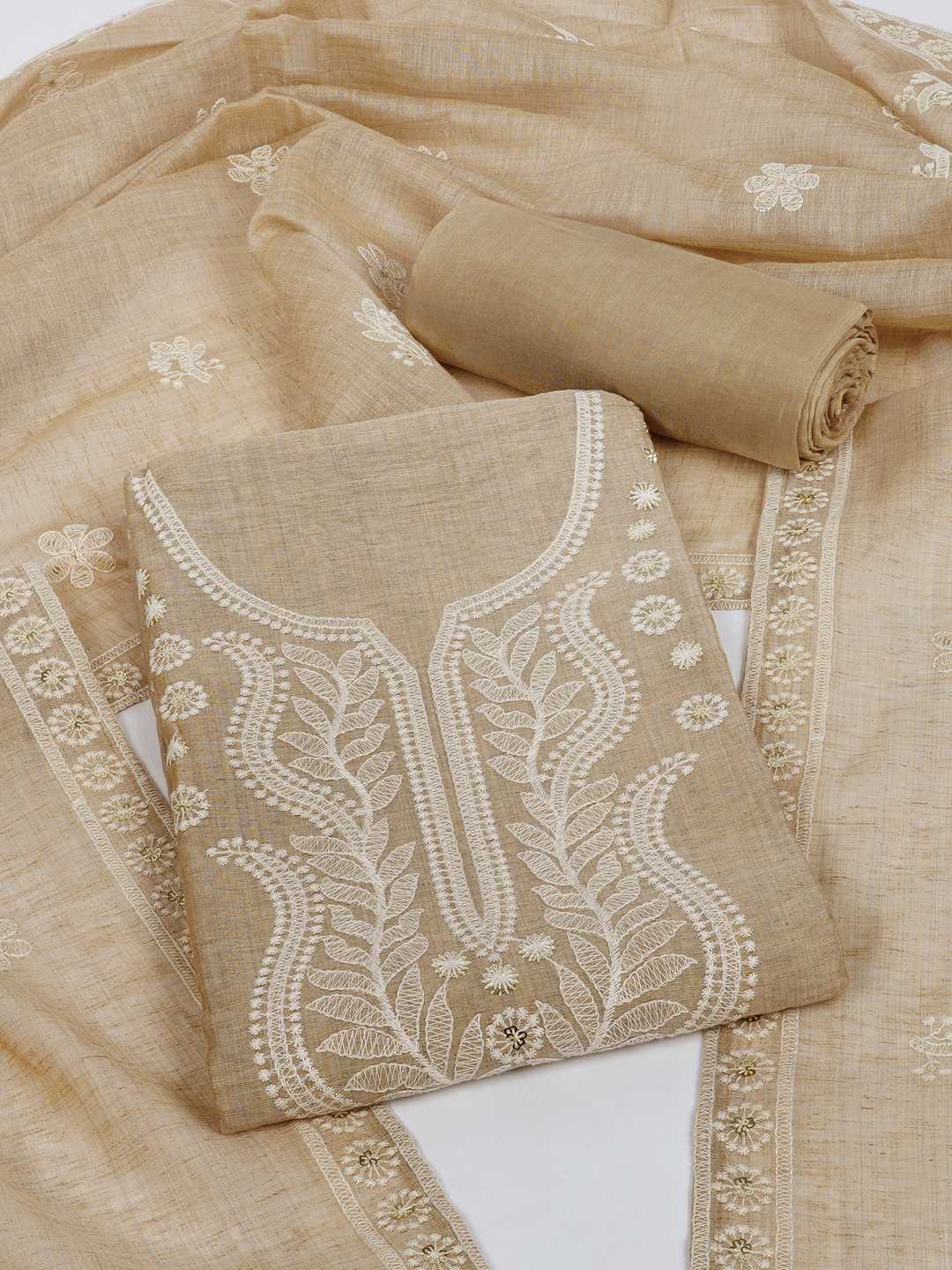Tussar Silk Dress Material with Elegant White Thread Work & Matching Dupatta