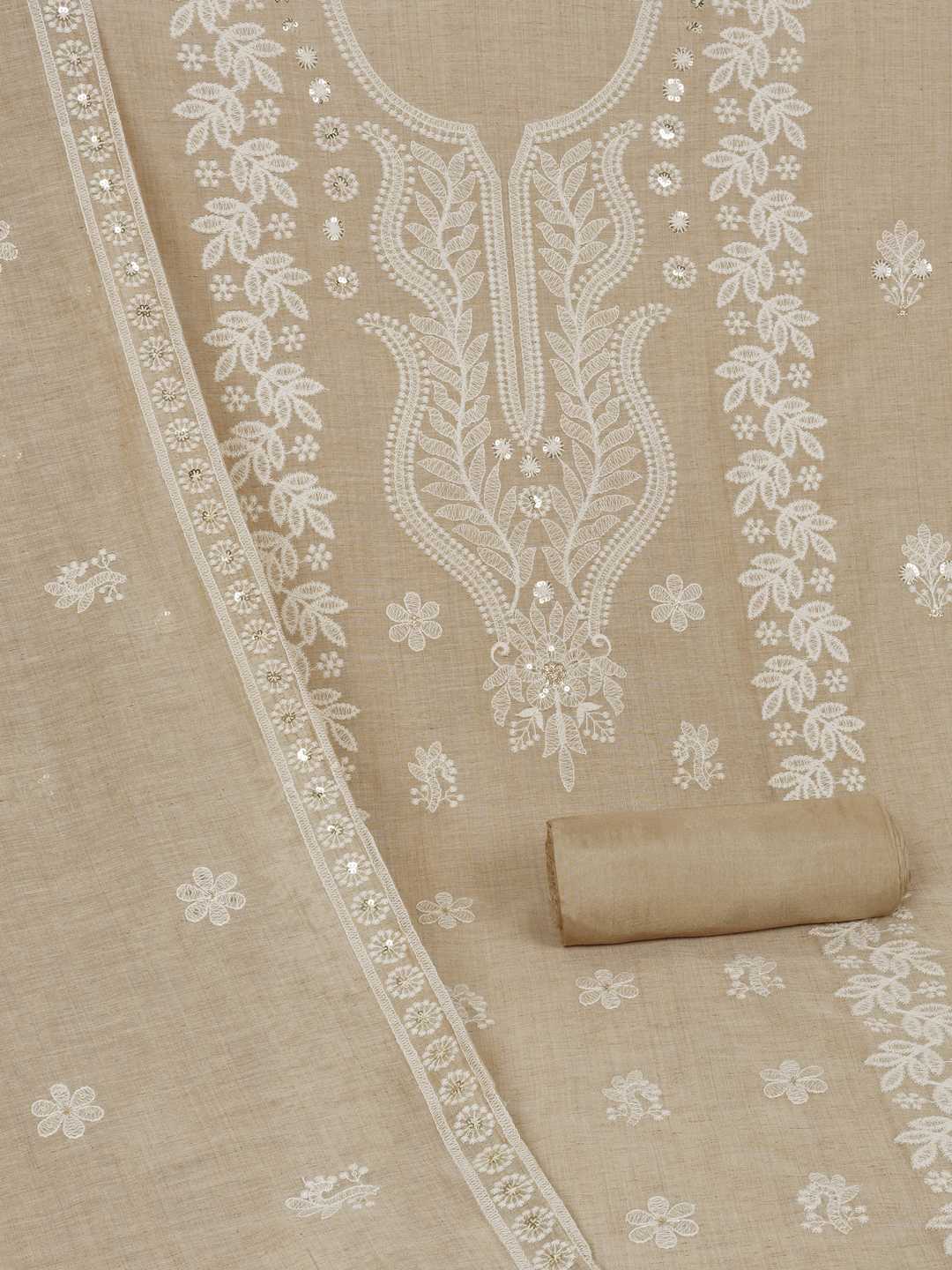 Tussar Silk Dress Material with Elegant White Thread Work & Matching Dupatta