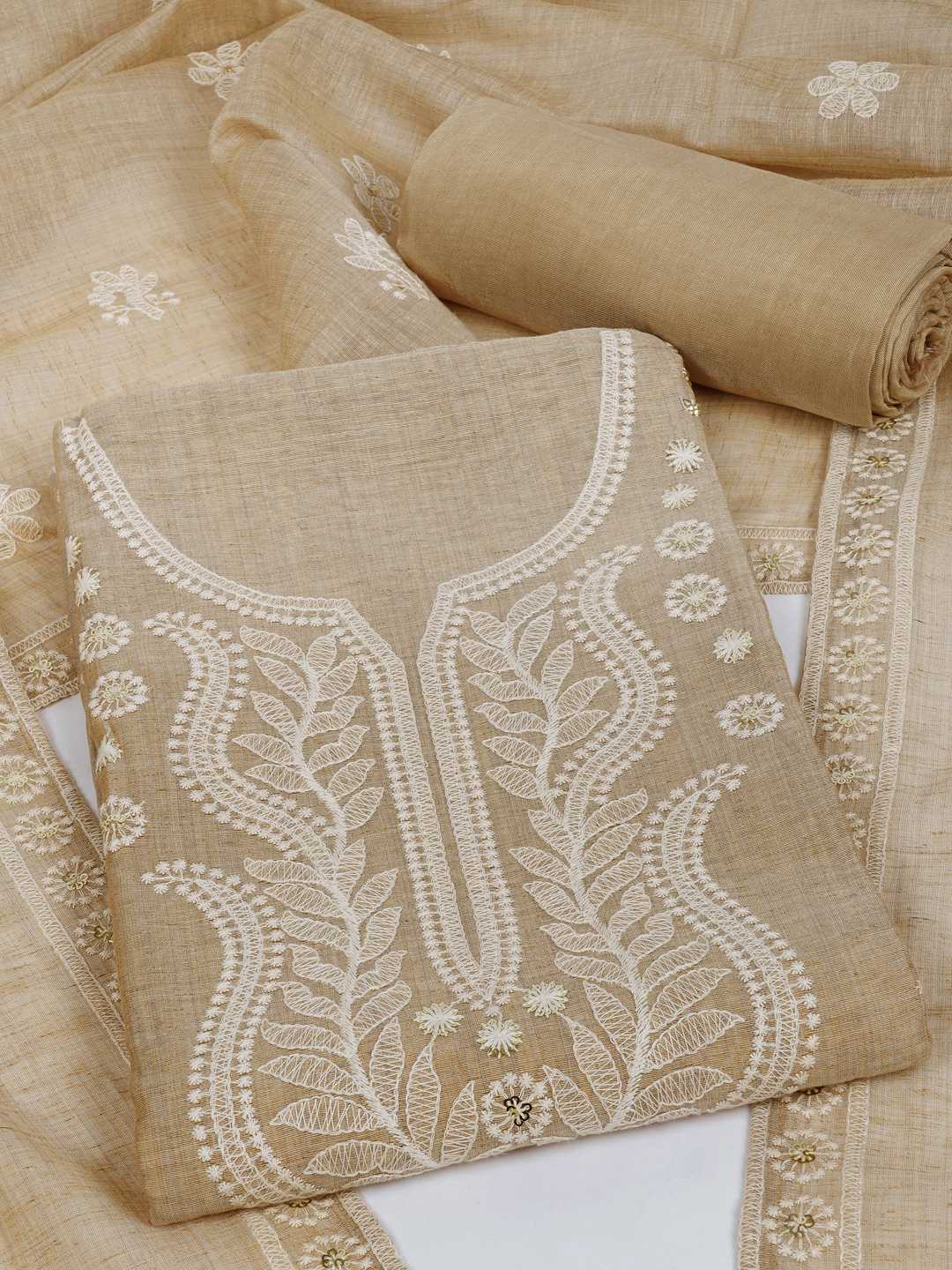 Tussar Silk Dress Material with Elegant White Thread Work & Matching Dupatta