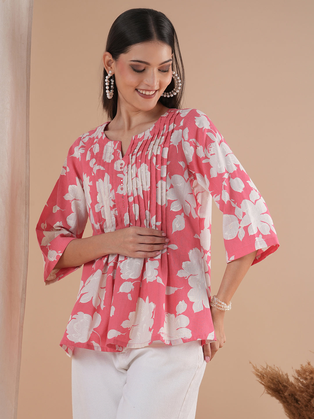 Printed short top with tucks in the front with mirror work and bell sleeves