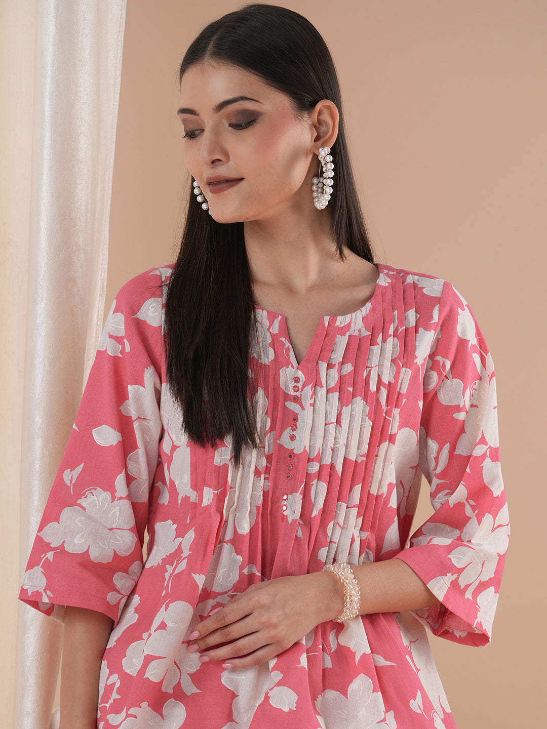 Printed short top with tucks in the front with mirror work and bell sleeves