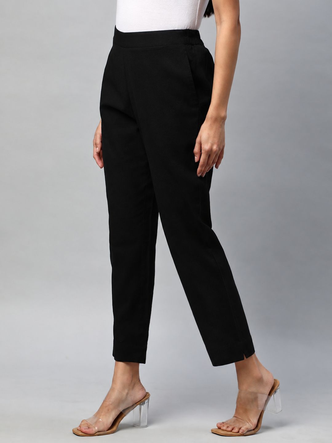 Straight Fit Cotton Plain Ankle Length Half Elasticated Pant with Inside Drawstring.(Black)