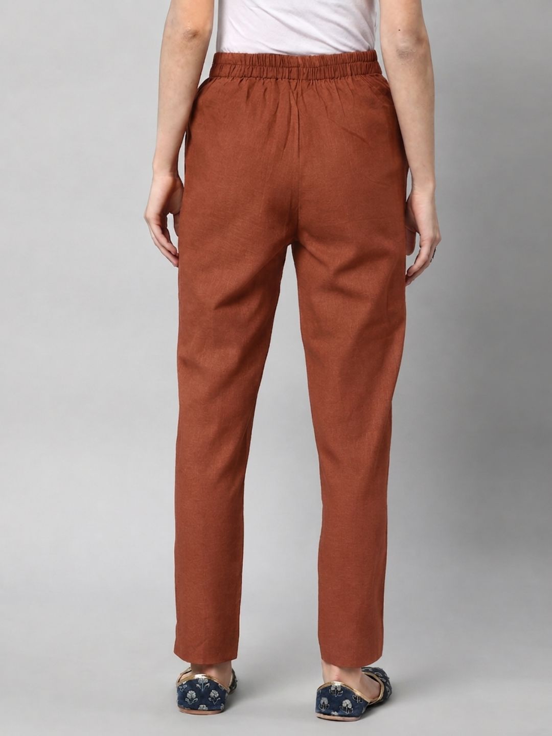 Straight Fit Cotton Plain Ankle Length Half Elasticated Pant with Inside Drawstring.(Rust)
