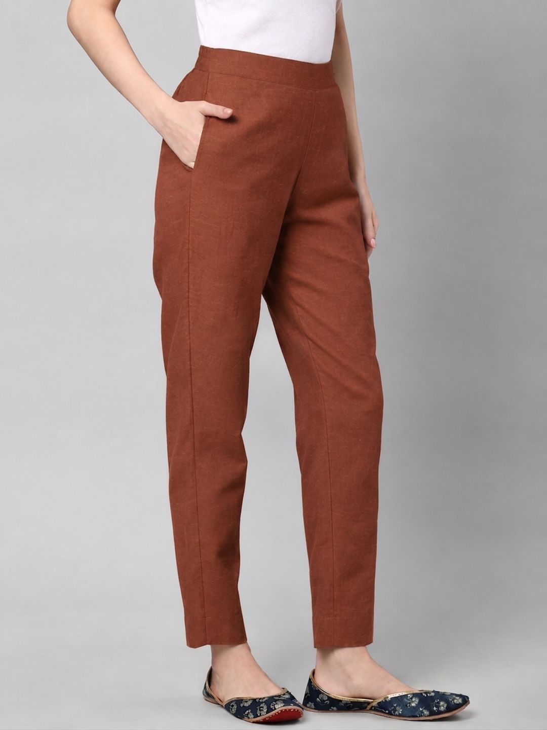 Straight Fit Cotton Plain Ankle Length Half Elasticated Pant with Inside Drawstring.(Rust)