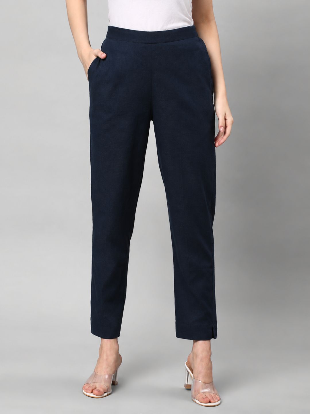 Straight Fit Cotton Plain Ankle Length Half Elasticated Pant with Inside Drawstring.(Blue)