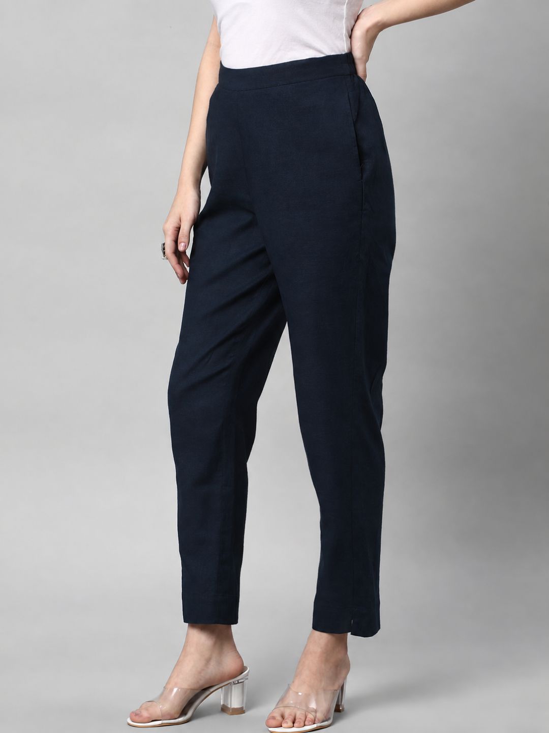 Straight Fit Cotton Plain Ankle Length Half Elasticated Pant with Inside Drawstring.(Blue)