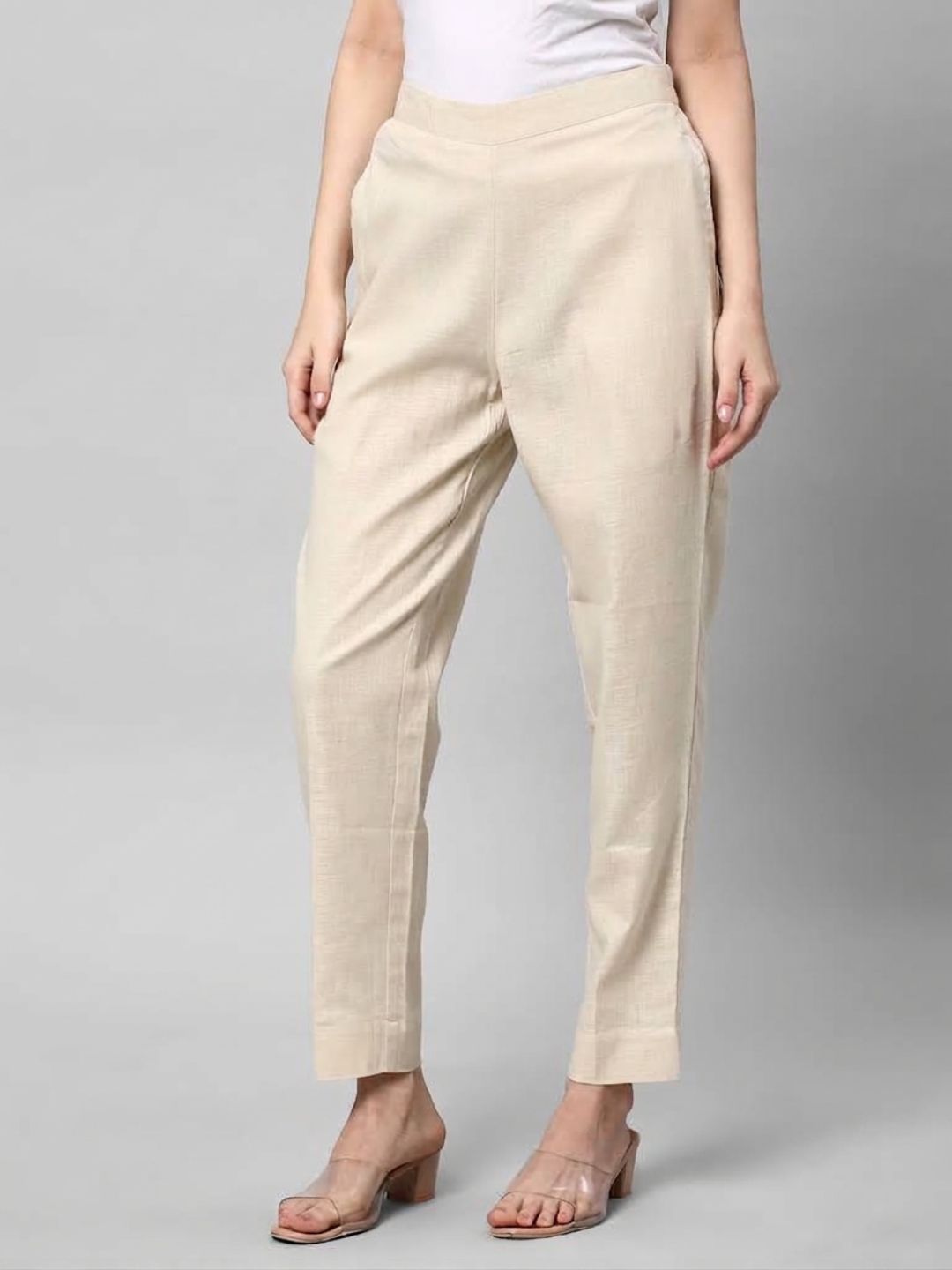 Straight Fit Cotton Plain Ankle Length Half Elasticated Pant with Inside Drawstring.(Cream)