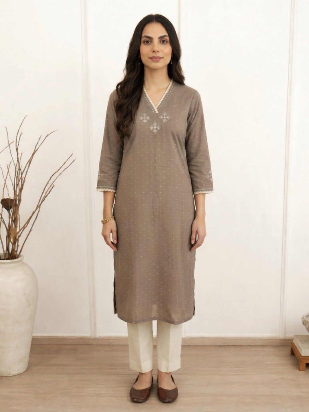Straight Fit Cotton Plain Ankle Length Half Elasticated Pant with Inside Drawstring.(Cream)