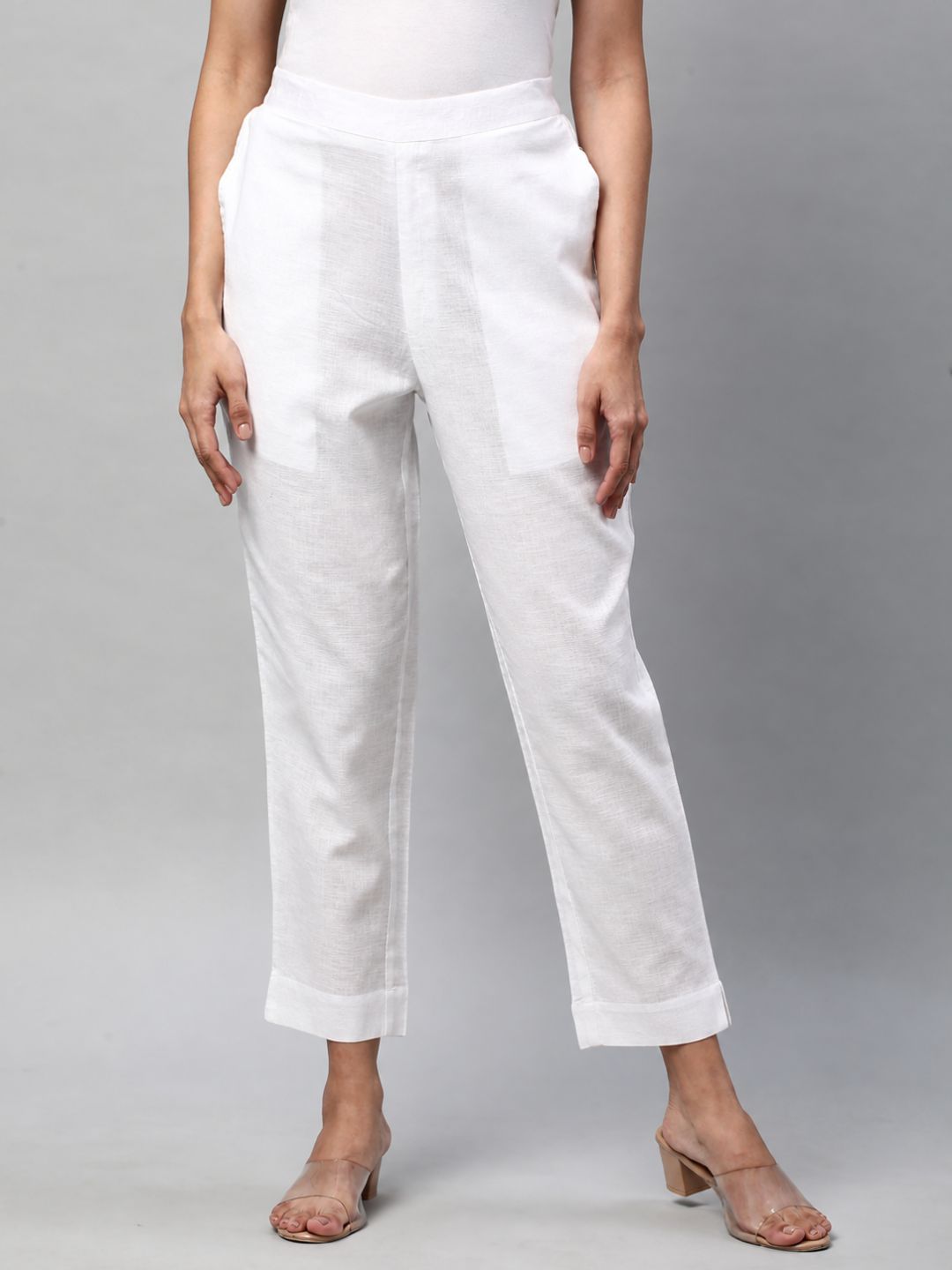 Straight Fit Cotton Plain Ankle Length Half Elasticated Pant with Inside Drawstring.(White)