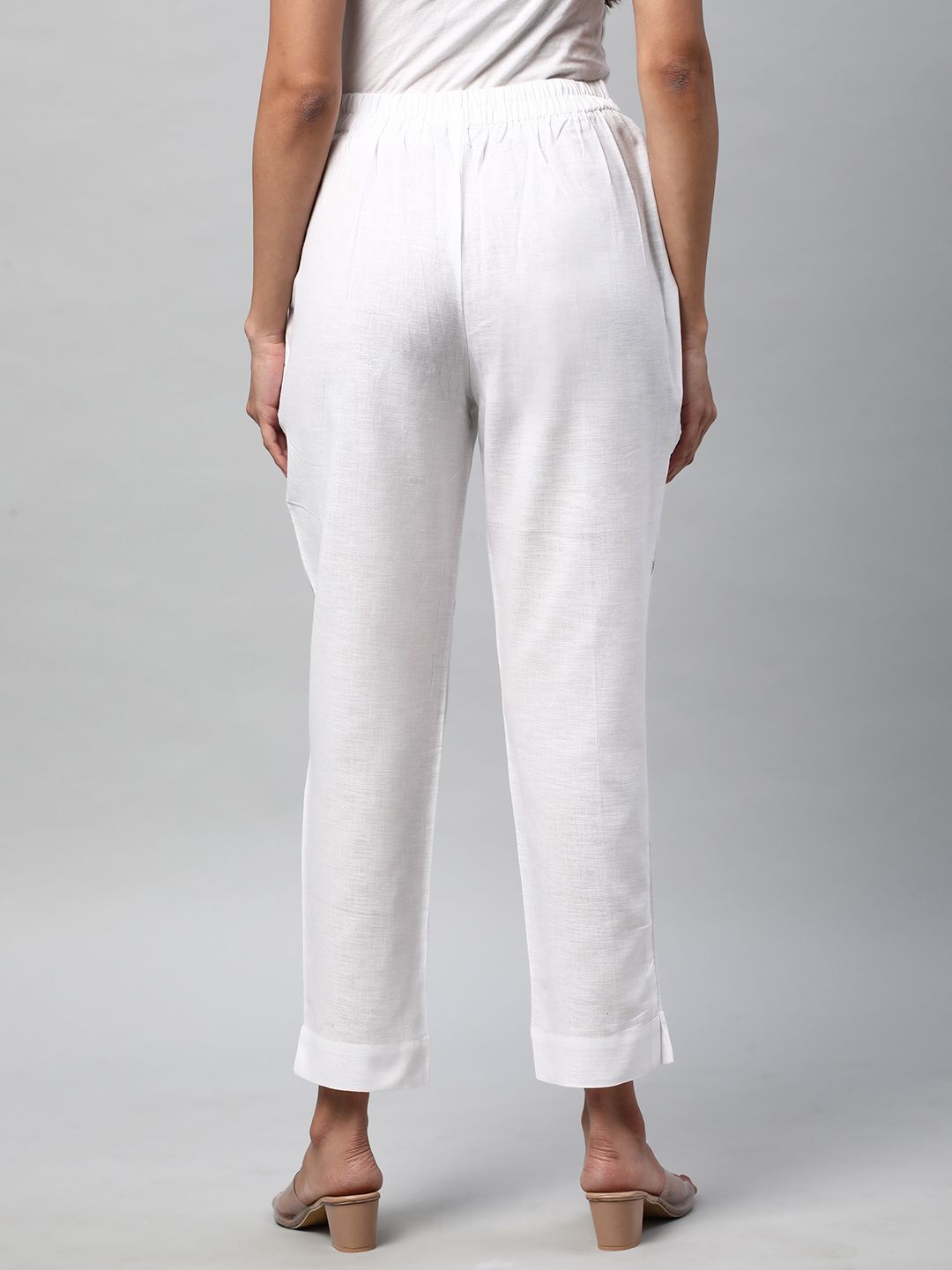 Straight Fit Cotton Plain Ankle Length Half Elasticated Pant with Inside Drawstring.(White)