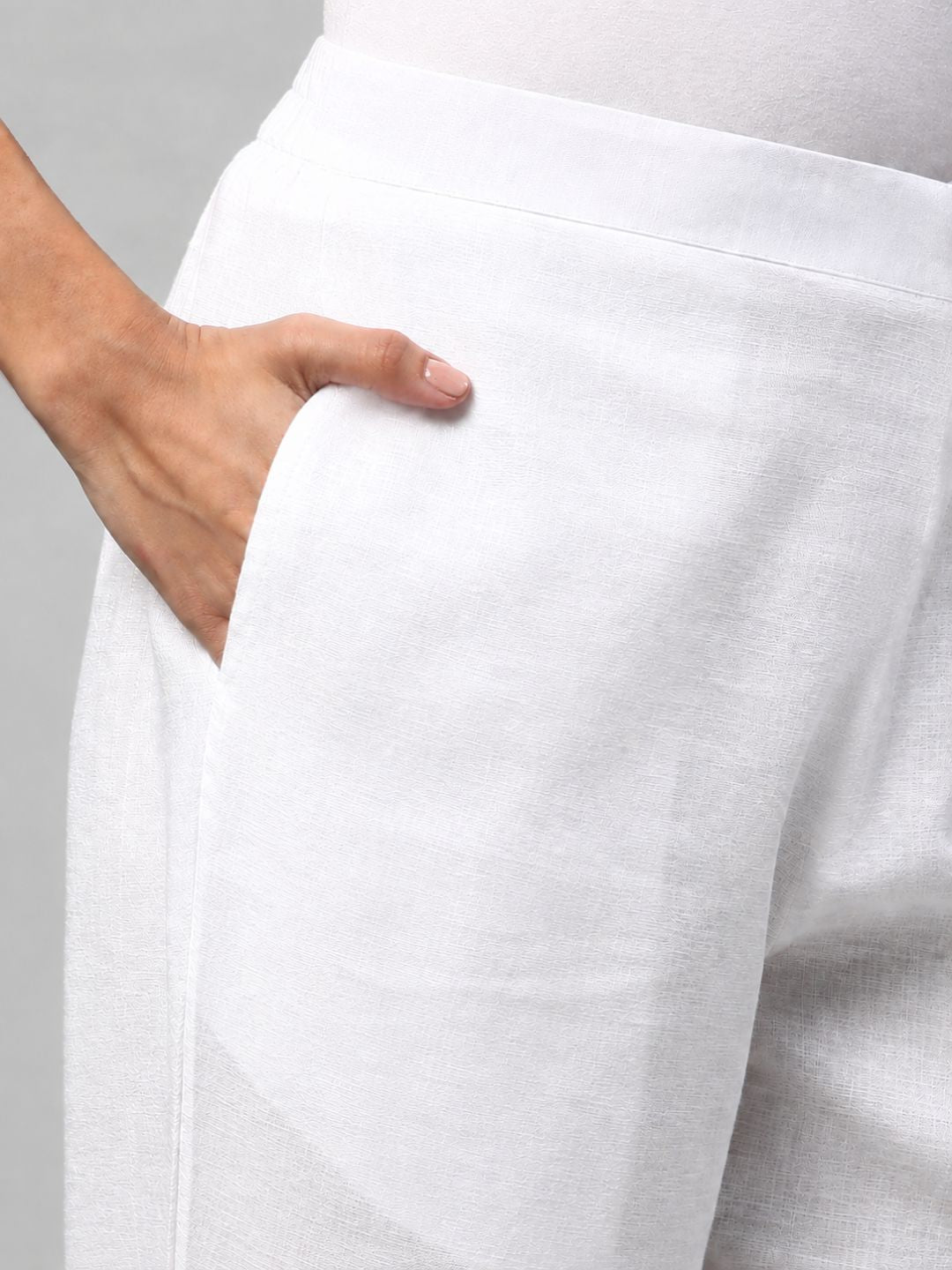 Straight Fit Cotton Plain Ankle Length Half Elasticated Pant with Inside Drawstring.(White)