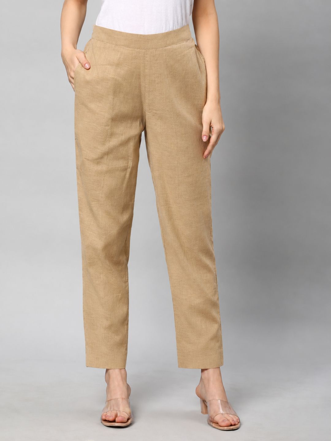 Straight Fit Cotton Plain Ankle Length Half Elasticated Pant with Inside Drawstring.(Beige)
