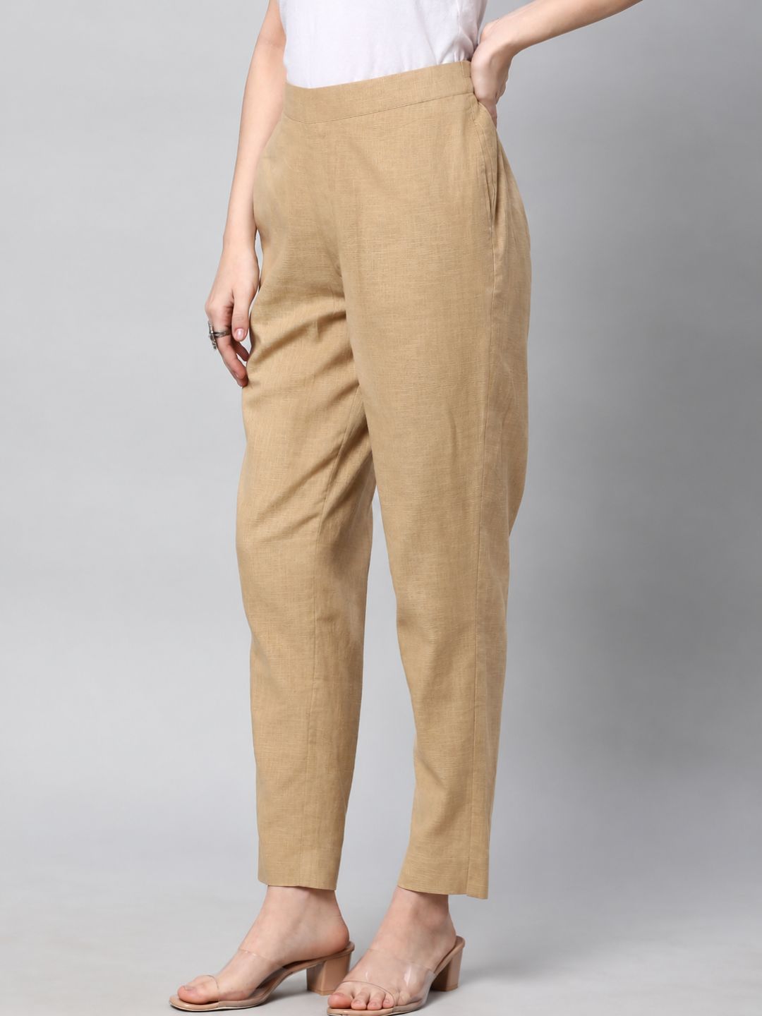 Straight Fit Cotton Plain Ankle Length Half Elasticated Pant with Inside Drawstring.(Beige)