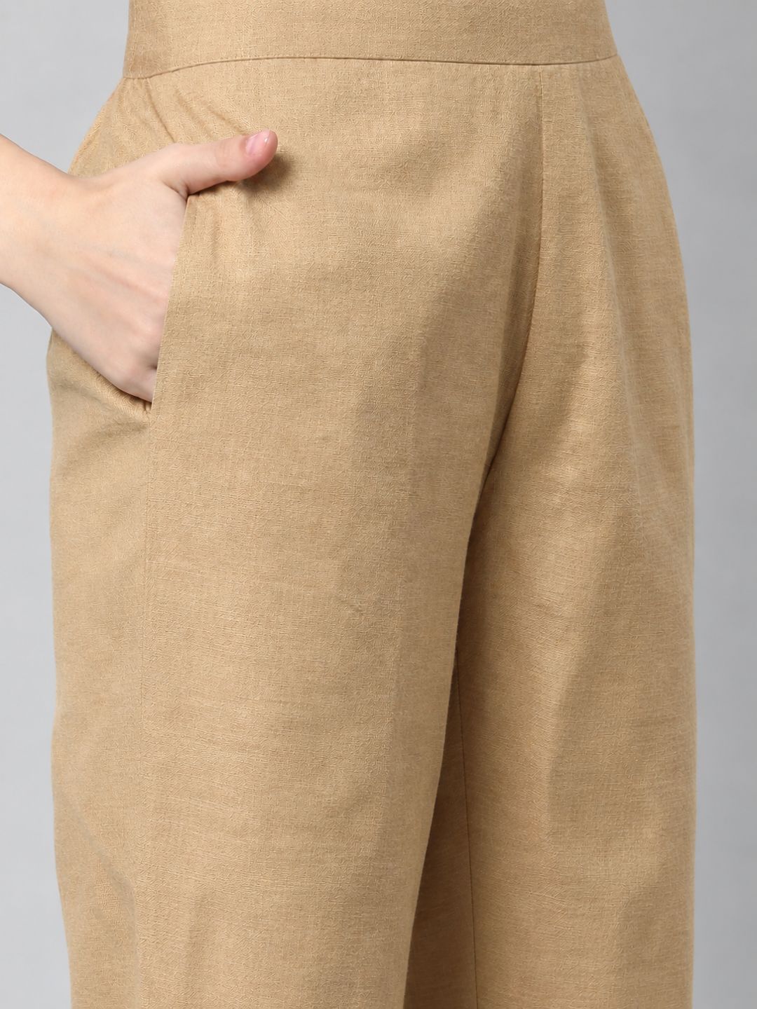 Straight Fit Cotton Plain Ankle Length Half Elasticated Pant with Inside Drawstring.(Beige)