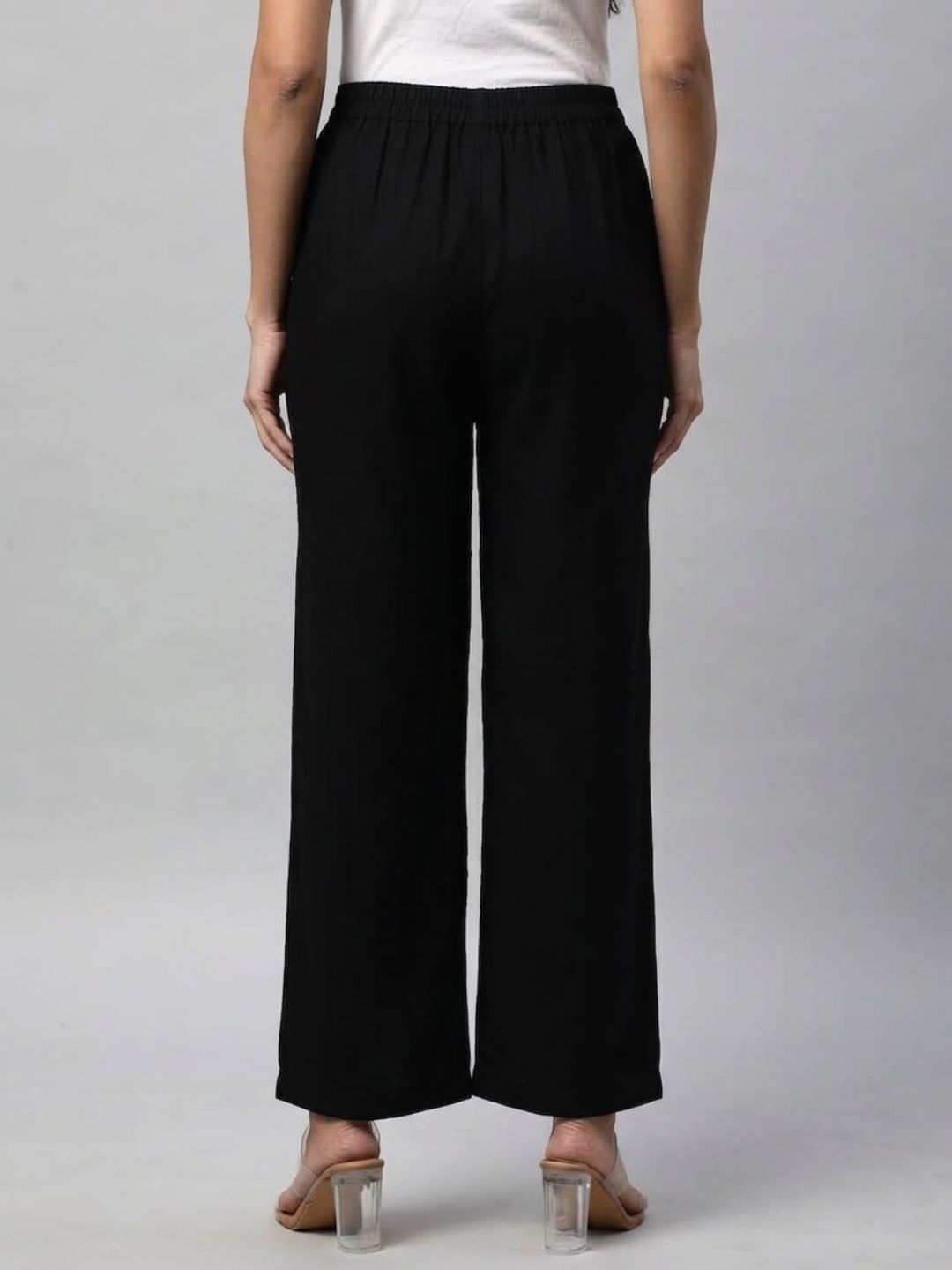 Straight Fit Cotton Plain Ankle Length Half Elasticated Palazzo with Inside Drawstring.(Black)