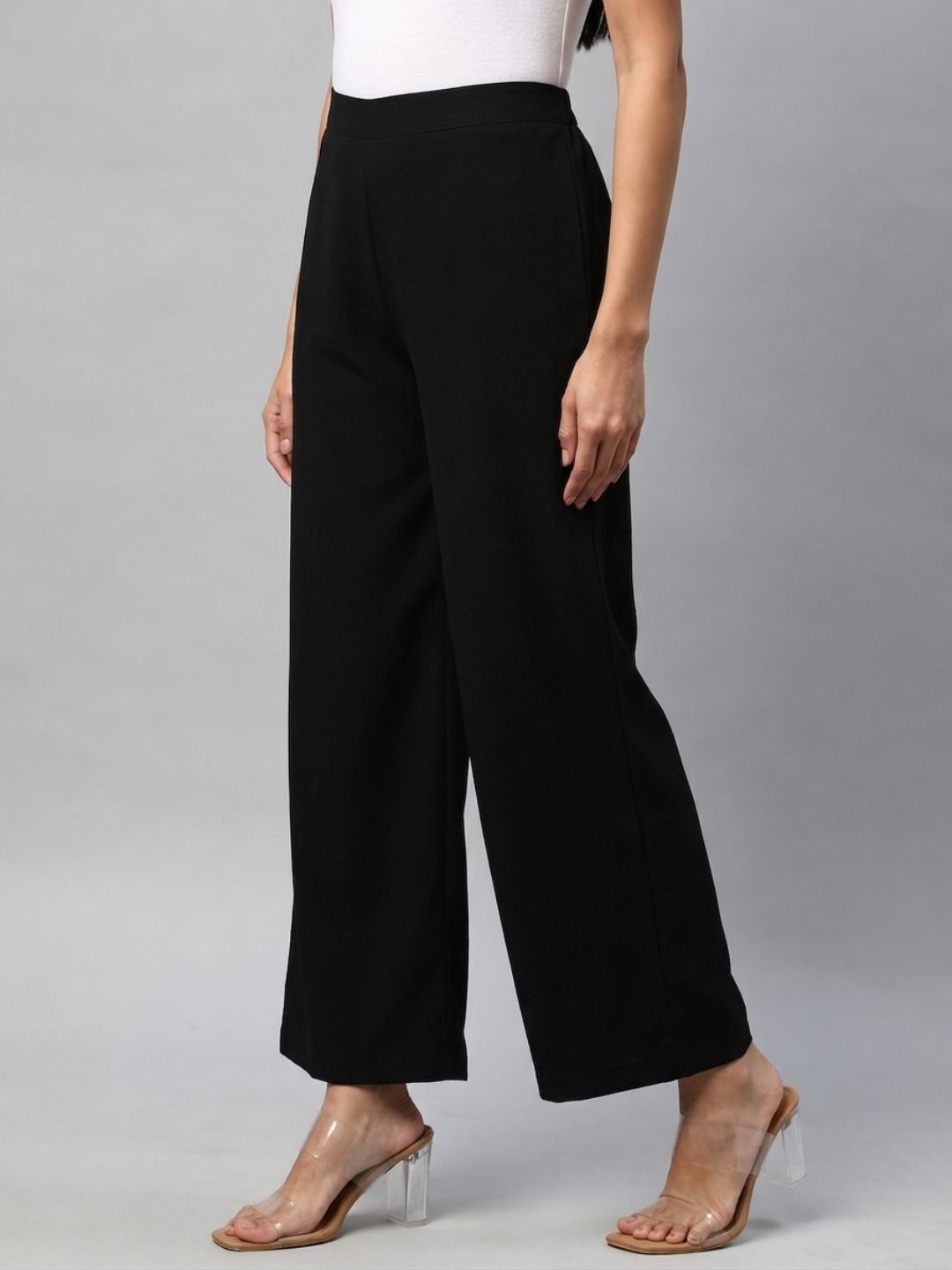 Straight Fit Cotton Plain Ankle Length Half Elasticated Palazzo with Inside Drawstring.(Black)