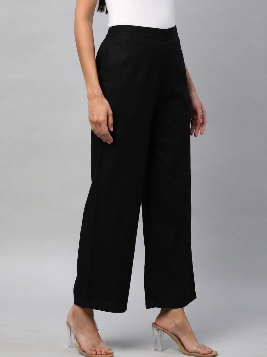 Straight Fit Cotton Plain Ankle Length Half Elasticated Palazzo with Inside Drawstring.(Black)